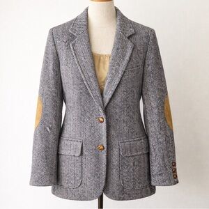 Country Squire Vintage 100% Wool Herringbone Blazer Suede Elbow Patches Women’s
